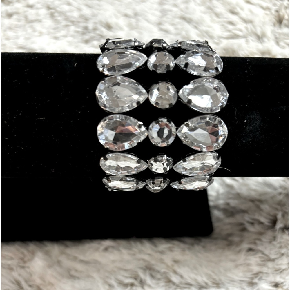 Rhinestone Stretch Statement Bracelet Prong Set Stones New 8" x 1 3/4" Wide